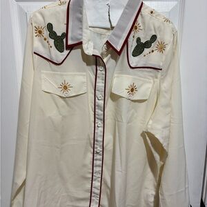 Cream Western Embroidered Button-Up Blouse with Cactus Detail